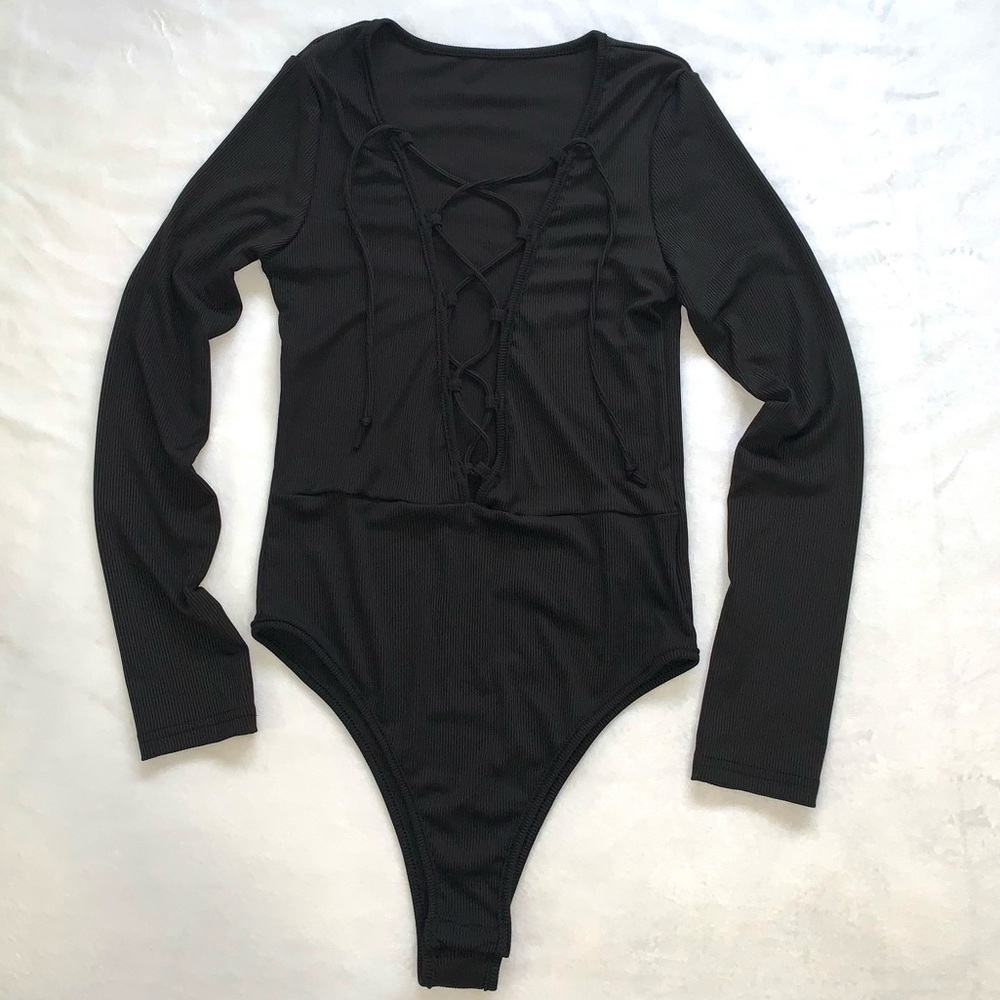 SHEIN SXY Ribbed Lace Up Plunging Neck Bodysuit